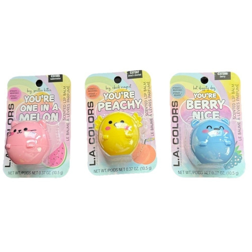 L.A. COLORS Scented Lip Balm Set Berry Watermelon Peach Trio 0.37 oz